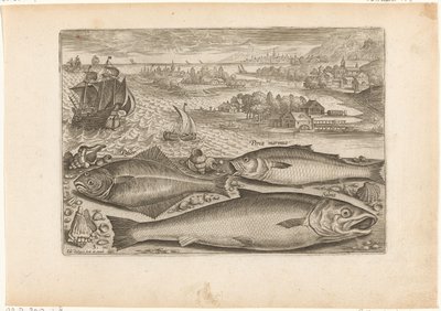 Tre fiskar på stranden Fiske (serietitel) Piscium vivae-ikoner (serietitel) av Adriaen Collaert