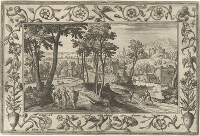 Emmaus pilgrimer Landskap med bibliska, mytologiska scener och jaktscener (serietitel) av Adriaen Collaert