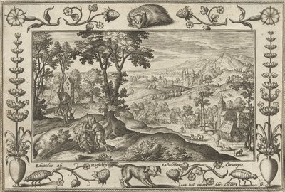 Juda och Tamar Landskap med bibliska, mytologiska scener och jaktscener (serietitel) av Adriaen Collaert