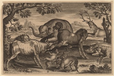 Lejon, tjur, räv, varg, hund, boer, get, häst, elefant och rådjur av Adriaen Collaert