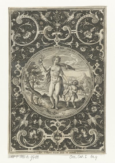 Medaljong med Venus och Amor i en ram av grotesker med blommor, girlanger, djur och mascarons Medaljonger med figurer från Judgment of Paris (serietitel) av Adriaen Collaert