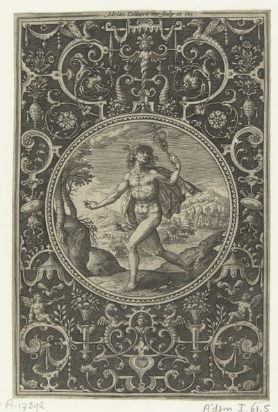 Medaljong där Merkurius med sin stav i handen Medaljonger med figurer från Judgment of Paris (serietitel) av Adriaen Collaert