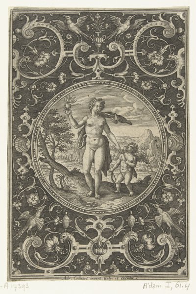 Medaljong där Venus med Parisäpplet i handen och Amor vid sin sida Medaljonger med figurer från Judgment of Paris (serietitel) av Adriaen Collaert