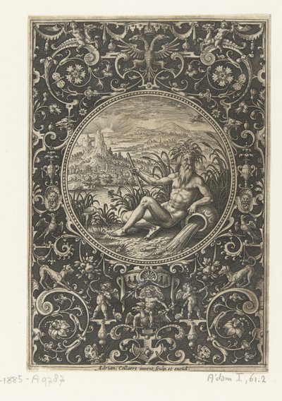 Medaljong där en flodgud Medaljonger med figurer från Judgment of Paris (serietitel) av Adriaen Collaert