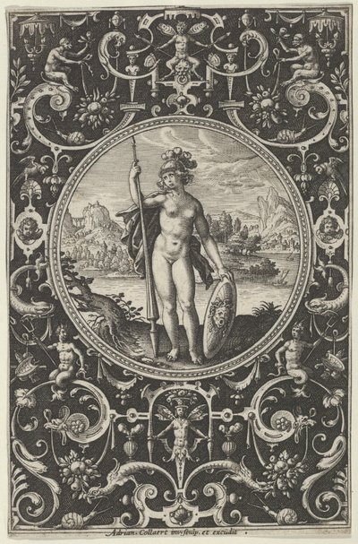 Minerva i en dekorativ ram med grotesker, från domen i Paris, c1580-1600. av Adriaen Collaert