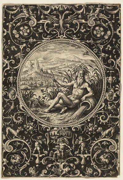Neptunus som flodgud, plansch två från Paris dom av Adriaen Collaert