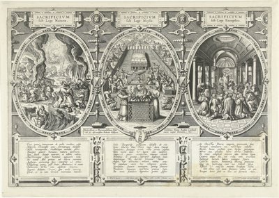 Erbjudanden under de våta av naturen, under de våta från Mozes och under de våta av het Evangelie Offer under naturens lag, offer under Moses lag, offer under evangeliets lag (titel på objektet) av Adriaen Collaert