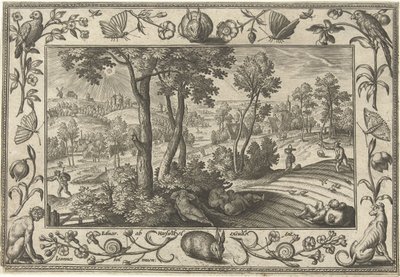 Ogräs bland vetet Landskap med bibliska, mytologiska scener och jaktscener (serietitel) av Adriaen Collaert