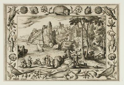 Faraos dotter hittar Moses, ur Landskap med scener ur Gamla och Nya testamentet samt jaktscener av Adriaen Collaert