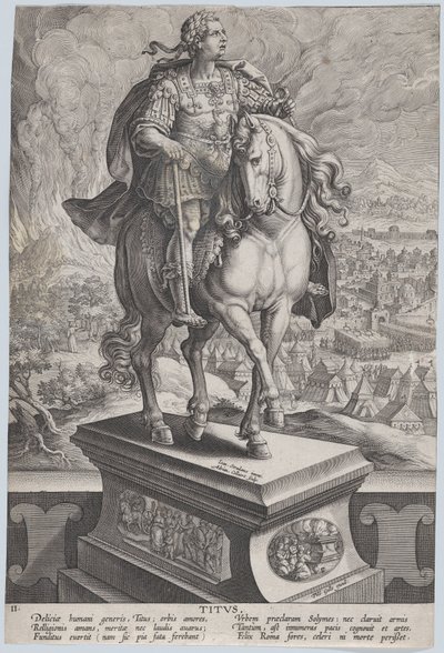 Plåt 11: ryttarstaty av Titus, sedd tre fjärdedelar till höger, Vesuv..., ca. 1587-89. av Adriaen Collaert