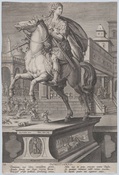 Plåt 12: ryttarstaty av Domitianus, sedd tre fjärdedelar till vänster, med hans ..., ca. 1587-89. av Adriaen Collaert