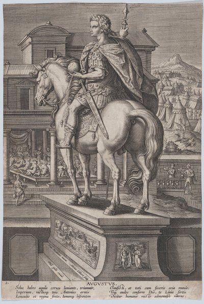 Tavla 2: ryttarstaty av Augustus, med en jordglob och sedd bakifrån, med ..., ca. 1587-89. av Adriaen Collaert