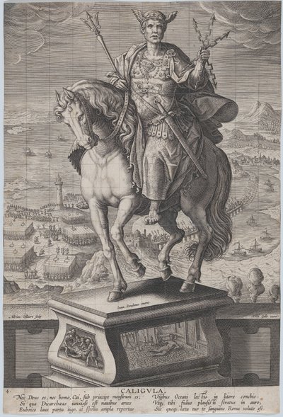 Skylt 4: ryttarstaty av Caligula, sedd tre fjärdedelar till vänster, bär en ..., ca. 1587-89. av Adriaen Collaert