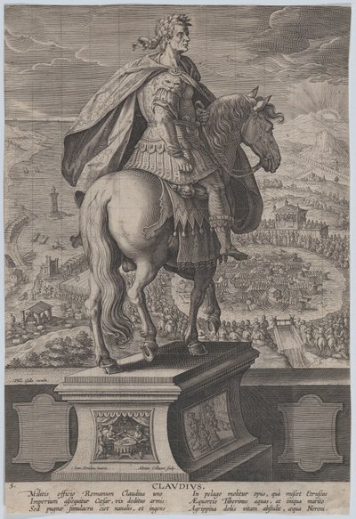 Plåt 5: ryttarstaty av Claudius, sedd bakifrån, en sjötävling vid ri..., ca. 1587-89. av Adriaen Collaert