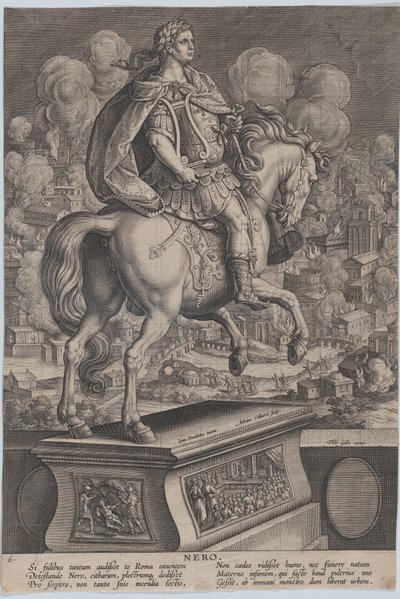 Plåt 6: ryttarstaty av Nero, sedd bakifrån, den stora branden i Rom i..., ca. 1587-89. av Adriaen Collaert