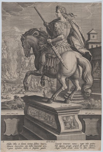 Plåt 8: ryttarstaty av Otho, sedd bakifrån, hans dödsscen i bakgrunden..., ca. 1587-89. av Adriaen Collaert