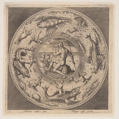 Poseidon, från en serie mönster för tallrikar (Fonds de Coupe) av Adriaen Collaert