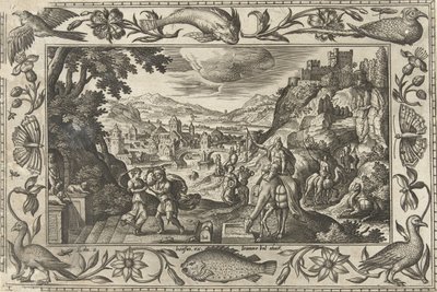 Rebecka och Elieser vid brunnen Landskap med bibliska, mytologiska scener och jaktscener (serietitel) av Adriaen Collaert