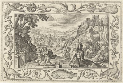 Rebecka och Elieser vid brunnen Landskap med bibliska, mytologiska scener och jaktscener (serietitel) av Adriaen Collaert