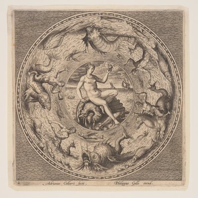 Thetis på ett snäckskal, från en serie mönster för tallrikar (Fonds de Coupe) av Adriaen Collaert