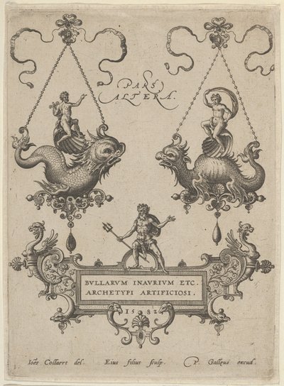 Titelskylt med två hängsmycken ovan och Neptunus stående på en kartusch nedanför, 1582. av Adriaen Collaert