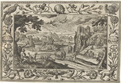 Ikaros fall Landskap med bibliska, mytologiska scener och jaktscener (serietitel) av Adriaen Collaert