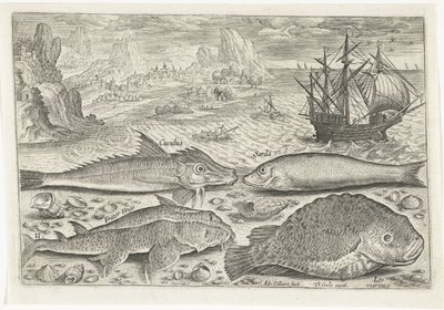 Fyra fiskar på stranden Fiske (serietitel) Piscium vivae-ikoner (serietitel) av Adriaen Collaert