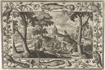 vargjakt Landskap med bibliska, mytologiska scener och jaktscener (serietitel) av Adriaen Collaert