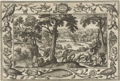 vildsvinsjakt Landskap med bibliska, mytologiska scener och jaktscener (serietitel) av Adriaen Collaert