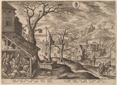 Ängeln som säger åt Joseph att fly och flykten till Egypten av Adriaen Collaert after Hans Bol