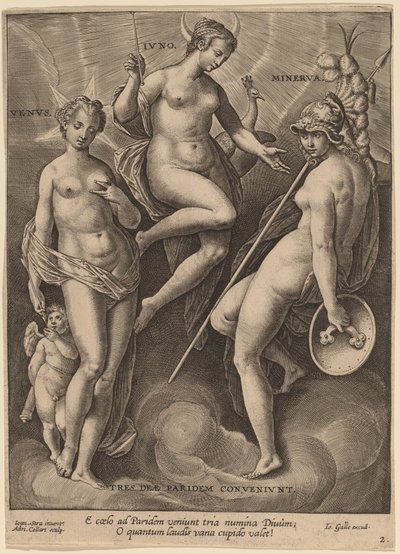 Venus, Juno och Minerva av Adriaen Collaert after Jan van der Straet