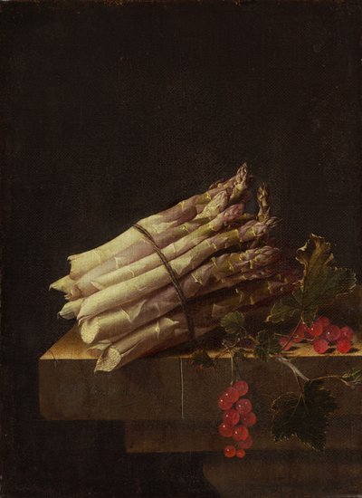 Stilleben med sparris och röda vinbär, 1696. av Adrian Coorte