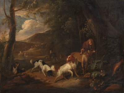 Jägare med hundar vid kanten av en skog av Adriaen Cornelisz Beeldemaker