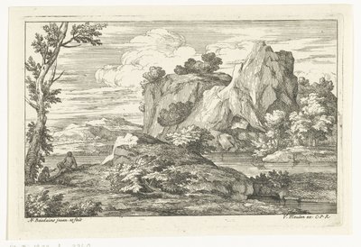 Landskap med en stor sten vid en flod av Adriaen Frans Boudewyns