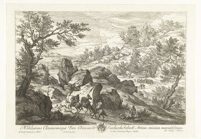 Landskap med ryttare vid en klipphäll Landskap med jägare (serietitel) av Adriaen Frans Boudewyns