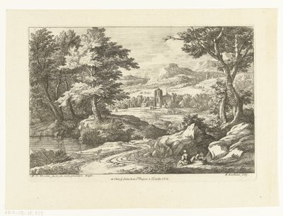 Landskap med två figurer längs en väg, en kyrka i fjärran av Adriaen Frans Boudewyns