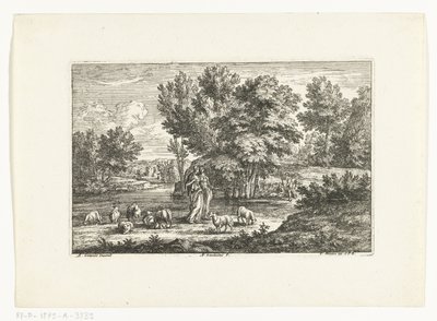 Landskap med två herdinnor vid ett vatten av Adriaen Frans Boudewyns
