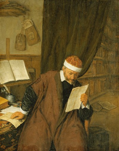 En advokat som sitter vid ett skrivbord och läser ett brev, ett bibliotek bortom, 1668 av Adriaen Jansz. van Ostade