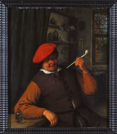 En bonde i en röd basker röker en pipa, i en interiör av Adriaen Jansz. van Ostade