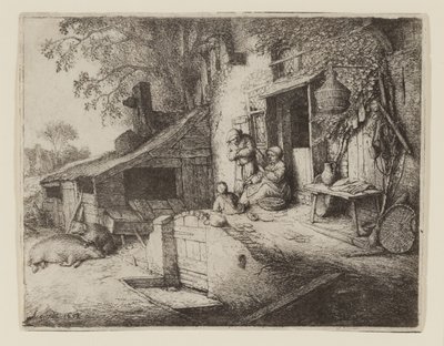 Vid stugdörren - Spinnern av Adriaen Jansz. van Ostade