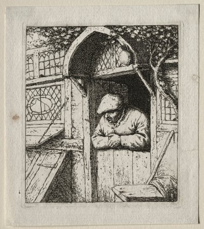 Bonde lutad i sin dörröppning. av Adriaen Jansz. van Ostade