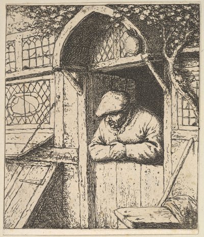 Bonde lutad mot dörr, 1610-85. av Adriaen Jansz. van Ostade