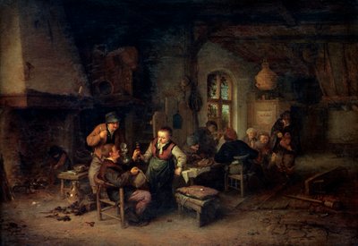 Interiören av ett värdshus med nio bönder och en Hurdy-Gurdy-spelare, 1653. av Adriaen Jansz. van Ostade