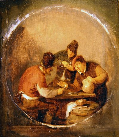 Three Boors som dricker och röker i en krog (olja på panel) av Adriaen Jansz. van Ostade