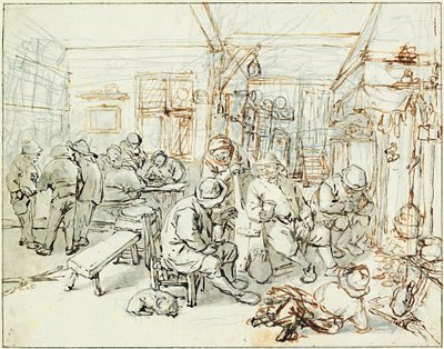 En grupp bönder i en krog (Company of Peasants in a Tavern) - Teckning av Adriaen Jansz van Ostade (1610-1685), penna och indisk tusch på papper, cirka 1675 - Albertina, Wien (Österrike) av Adriaen Jansz. van Ostade