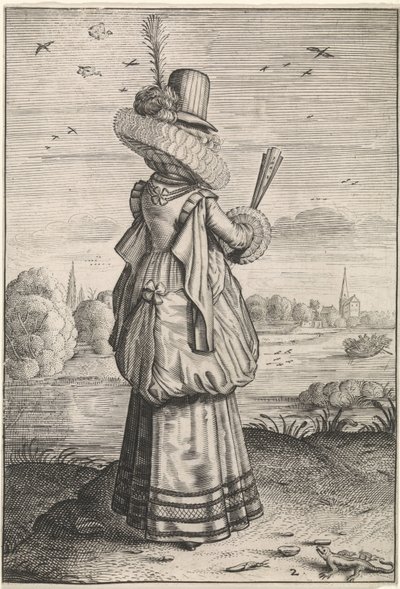 Adelskvinnor och landsmäns kläder och uppförande Elegant dam från hagedis Kleding och omgivning av Nederlandse adellijke dames en boerinnen (serietitel) De ädla och rostiga matronernas beteende och dyrkan av Adriaen Matham (possibly)
