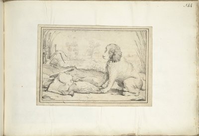 Hund bredvid jaktutrustning och byte i landskapet av Adriaen Matham (signed by artist)