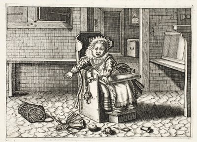 Baby gråter efter sina leksaker, illustration från 