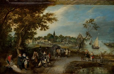 Landskap med figurer och en bymässa av Adriaen Pietersz van de Venne