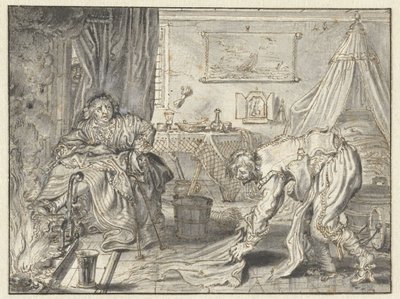 Man som städar golvet medan hans fru sitter vid härden av Adriaen Pietersz van de Venne